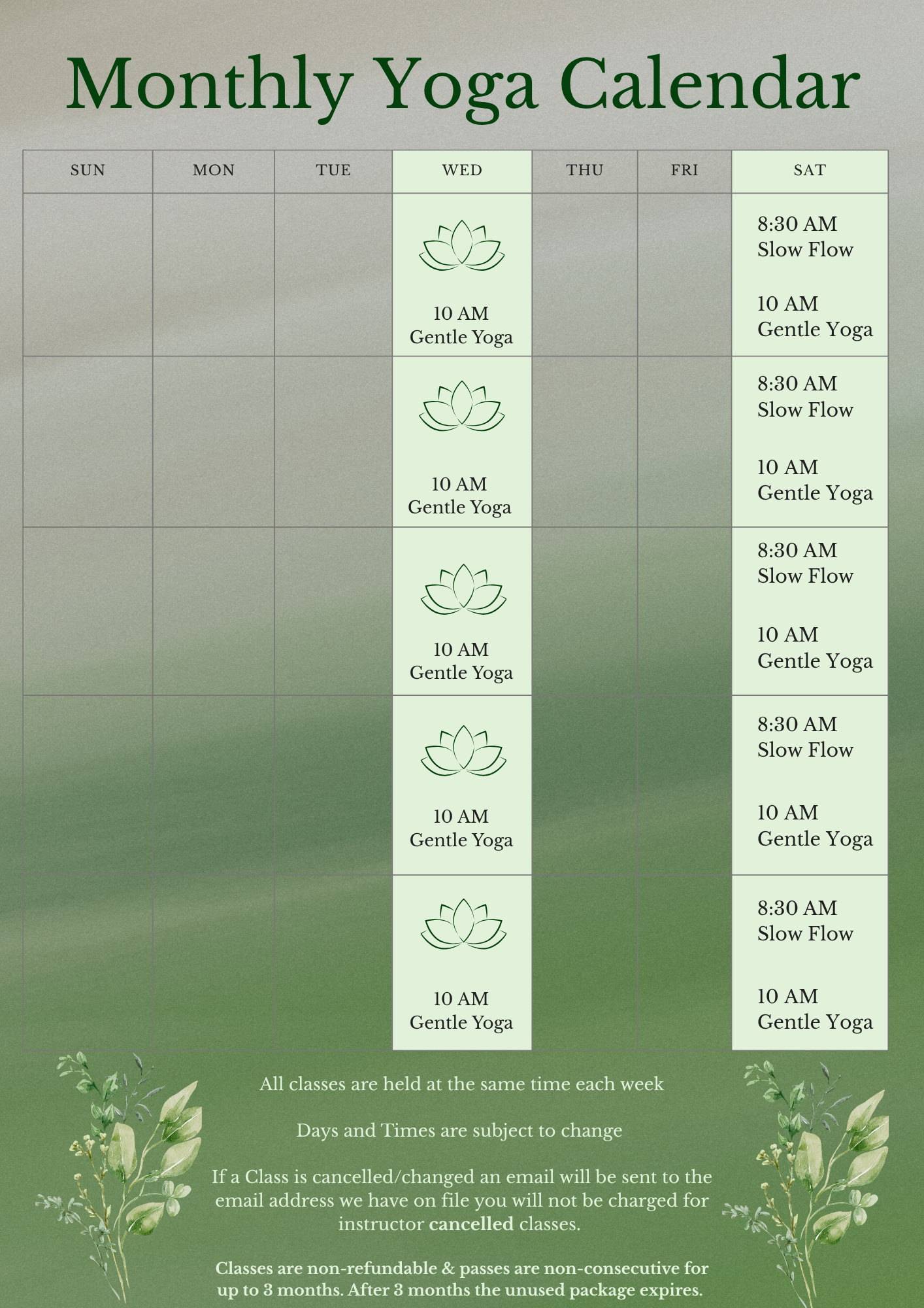 Monthly Yoga Calendar